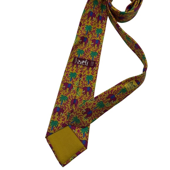 HERMÈS 7183 UA Mustard Elephant Palm Floral Silk LUXURY Tie FRANCE - Picture 2 of 5